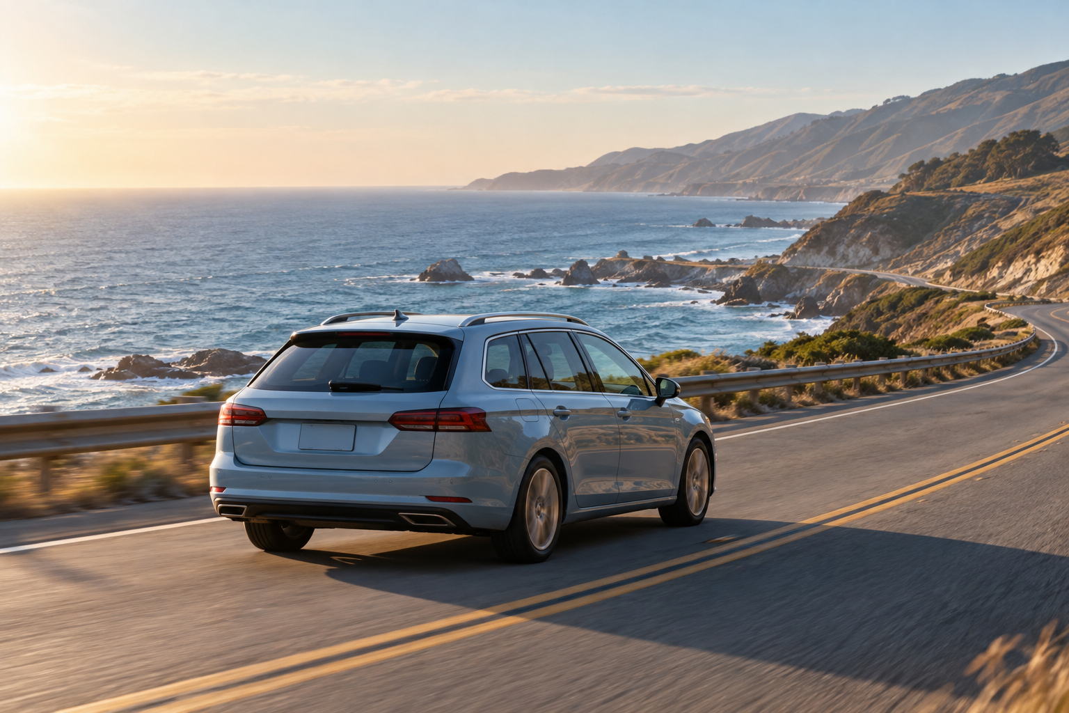 A pale blue wagon on an open coastal road
